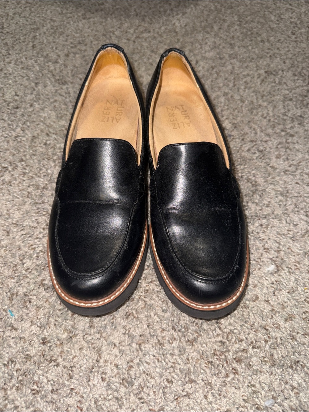 Naturalizer Black Leather Loafers with Tan Trim